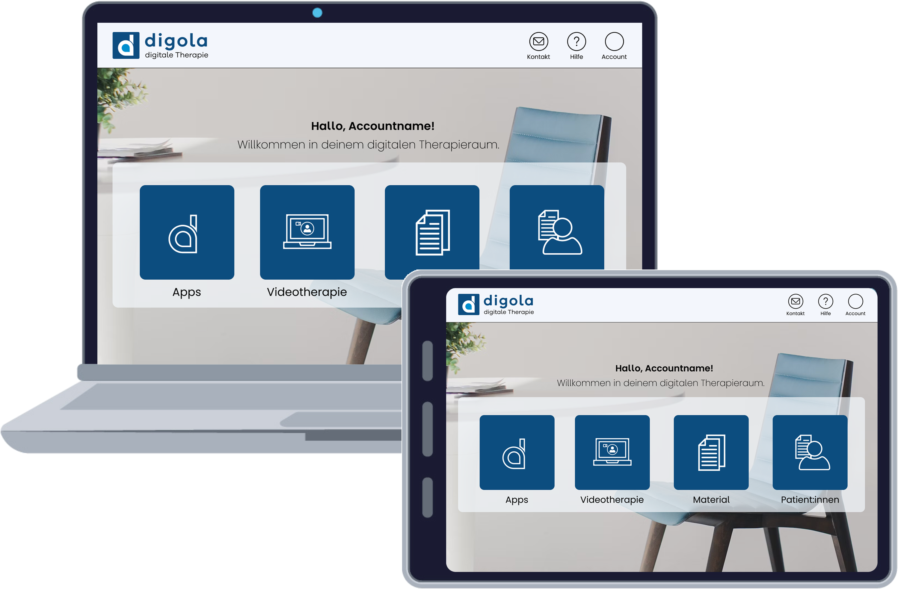 digola Webportal auf Laptop und Tablet – Startseite des digitalen Therapieraums