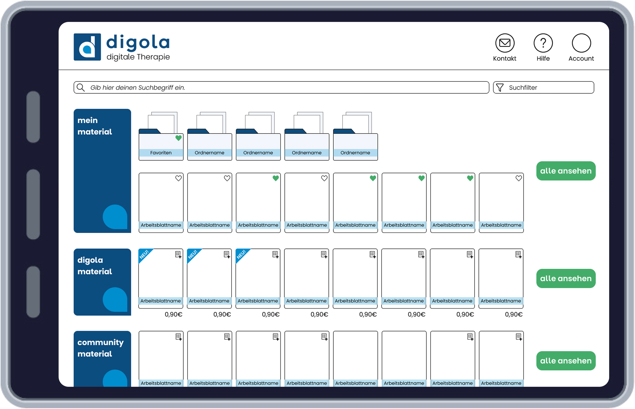 digola Webportal auf einem Tablet – Übersicht des digitalen Therapieraums